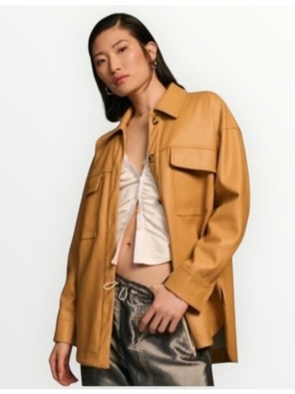 Anthropologie Maeve Button Front Faux Leather Shirt Jacket in Camel Size MP